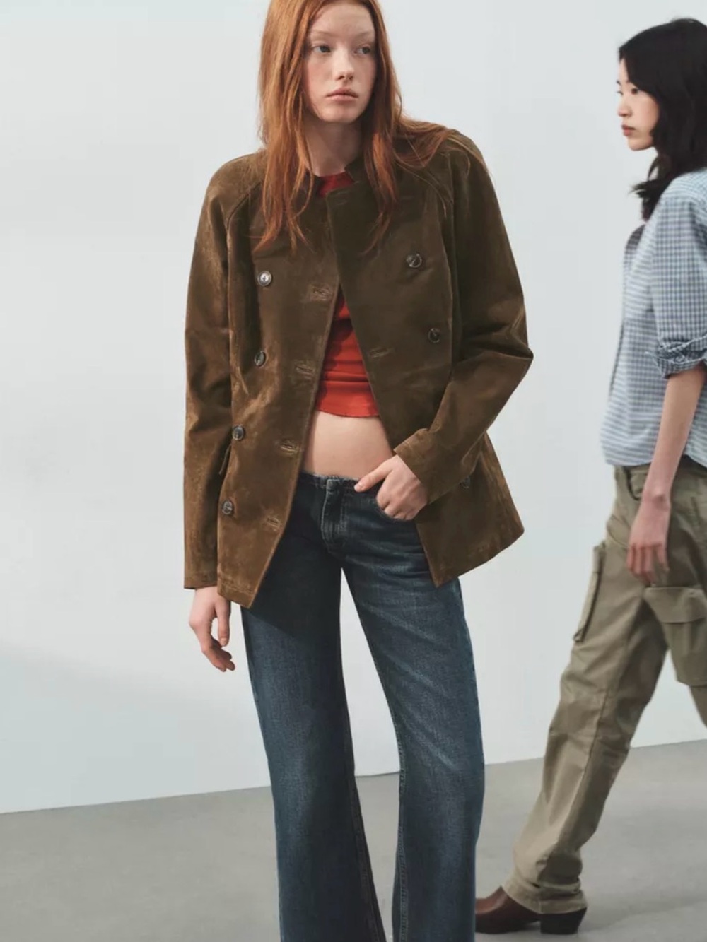 Zara Olive Double-Breasted Genuine Suede Blazer